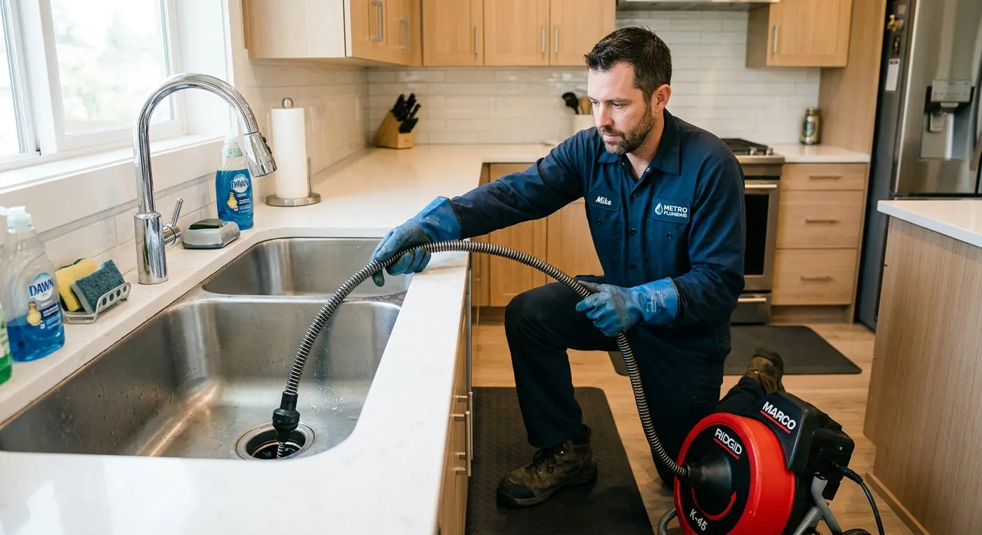 Drain cleaning technician using a motorized snake on a kitchen sink in Union