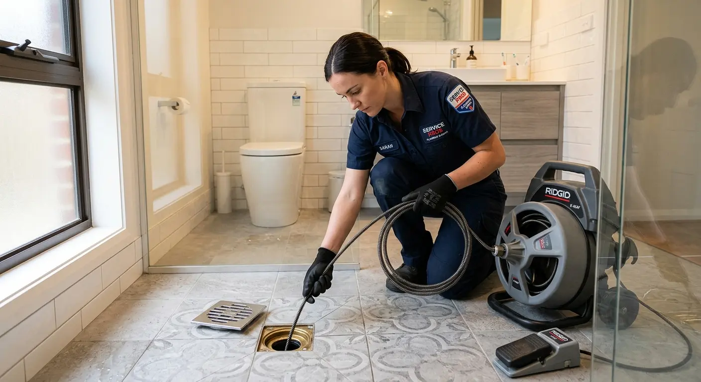 Technician clearing a bathroom floor drain for Hydro Jetting in Union